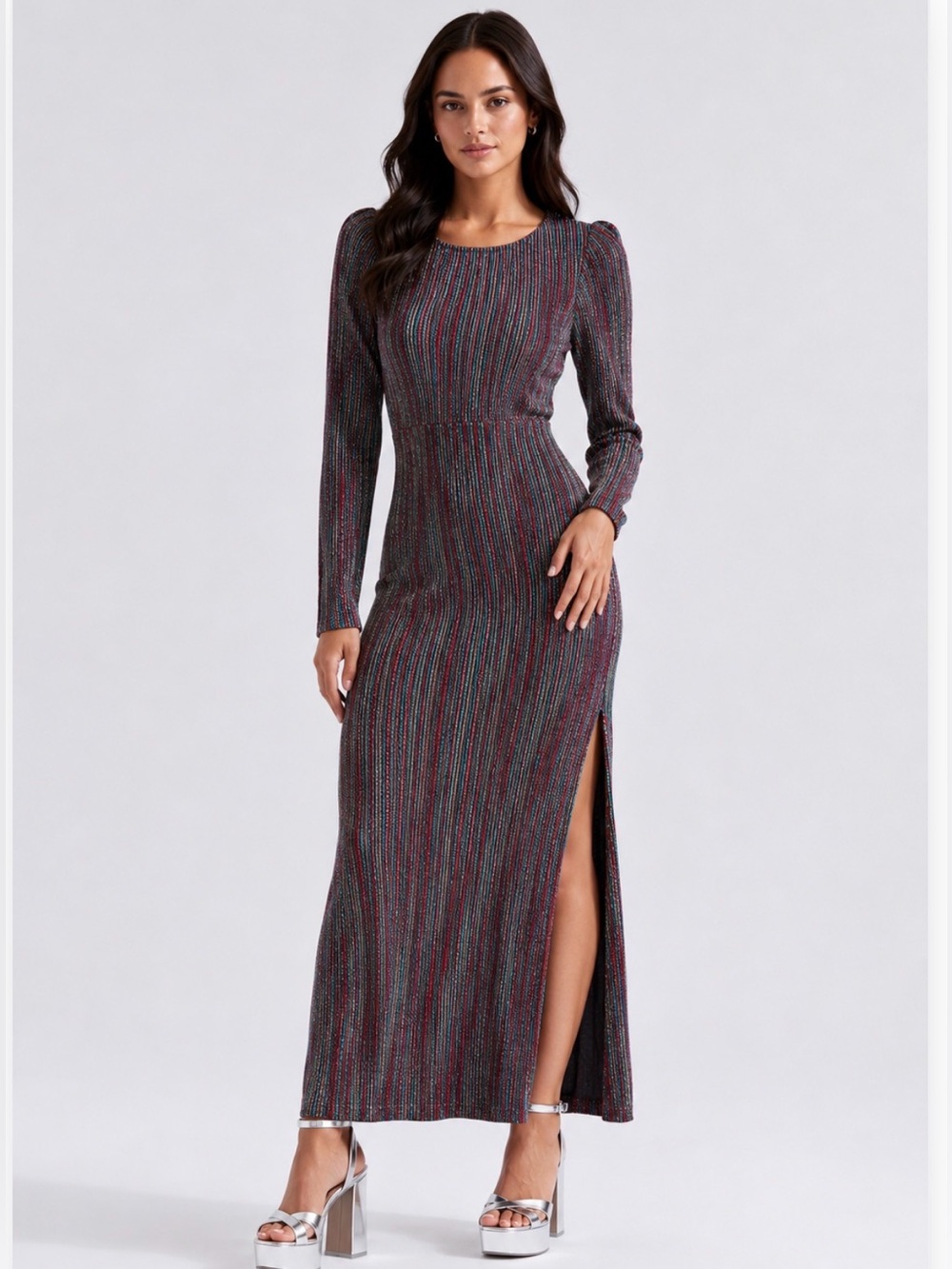 🌈✨🪩Dee Elly Long Sleeve Metallic Stripe Maxi Dress - Multicolor🪩✨🌈